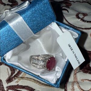 Ruby Ring with side baguettes non tarnish size 6